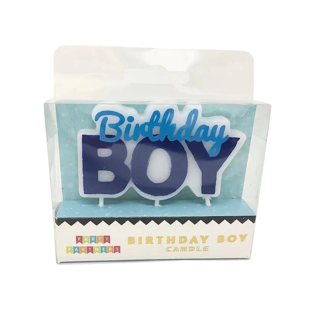 Blue birthday boy candle with bold white border for birthday celebration from Parte Haus party supply store in Bethesda MD