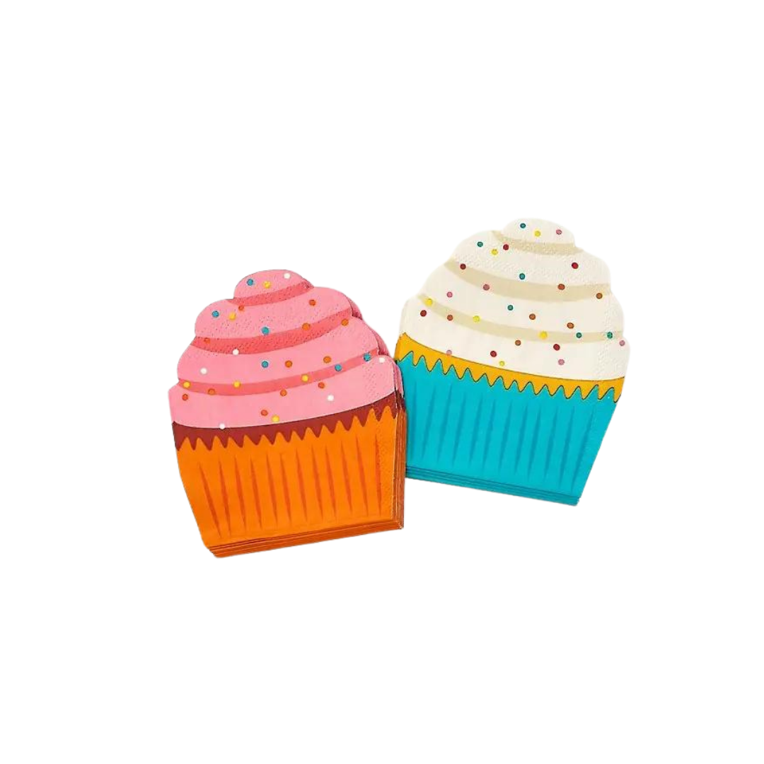 Pink and blue cupcake die cut napkins with sprinkles birthday theme from Parte Haus party supply store in Bethesda MD