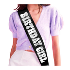 Black iridescent birthday girl sash with bold white letters birthday theme from Parte Haus party supply store in Bethesda MD