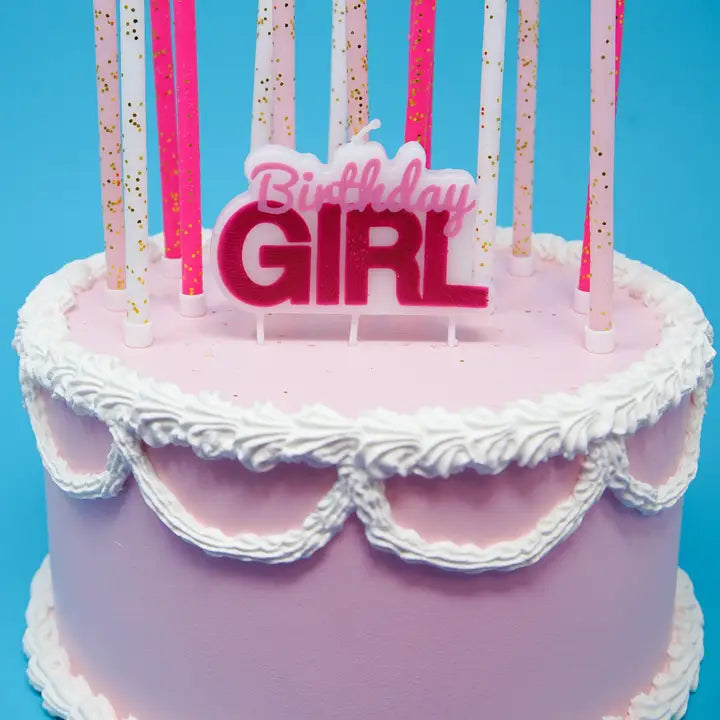 Pink Birthday Girl cake topper candle with glitter candles for birthday theme from Parte Haus party supply store in Bethesda MD