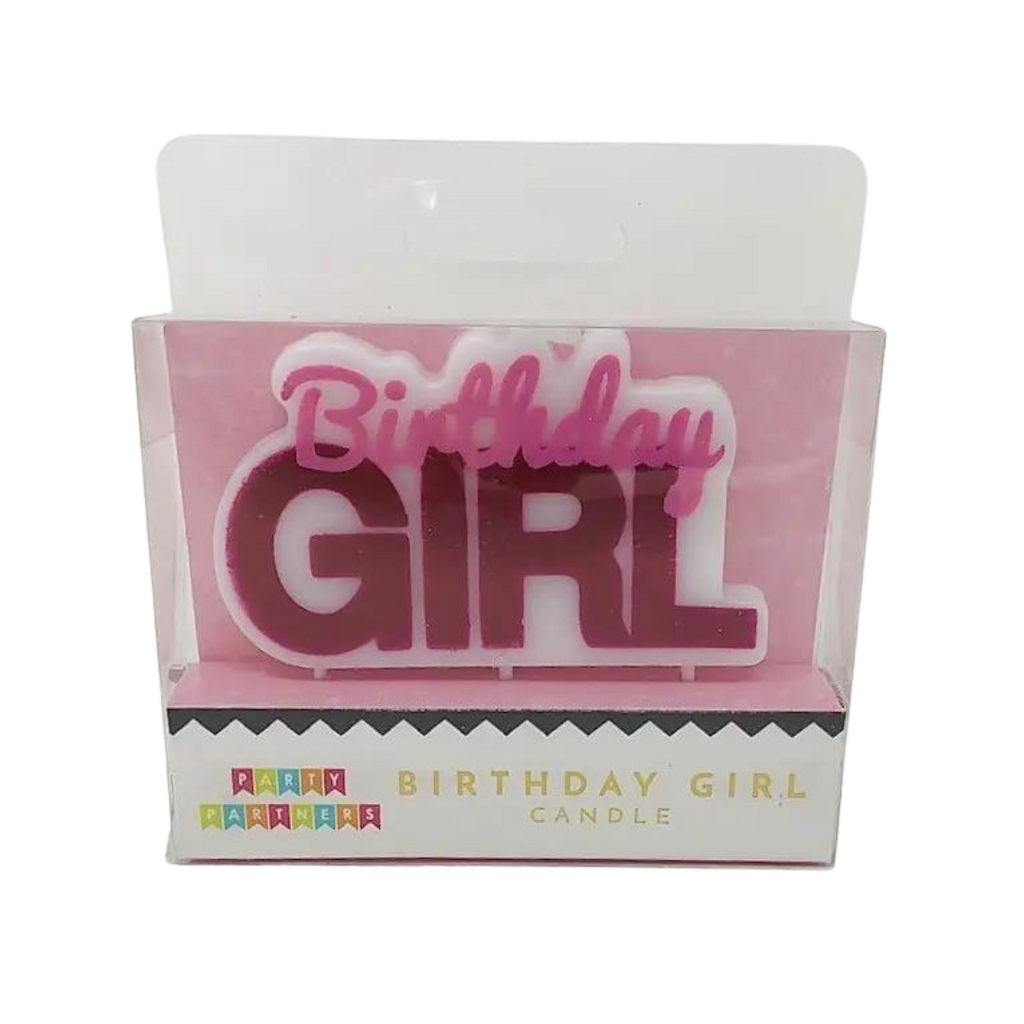 Pink birthday girl candle with bold lettering for birthday theme from Parte Haus party supply store in Bethesda MD