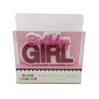 Pink birthday girl candle with bold lettering for birthday theme from Parte Haus party supply store in Bethesda MD