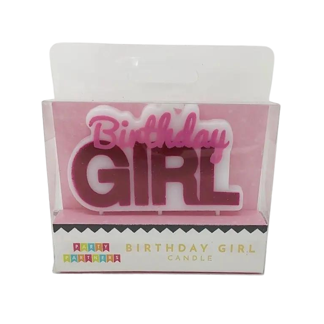Pink birthday girl candle with bold lettering for birthday theme from Parte Haus party supply store in Bethesda MD