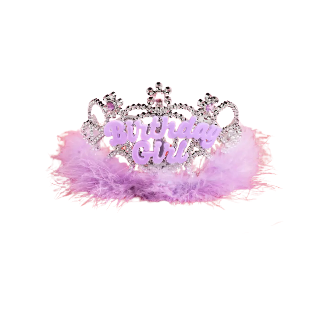 Pink and silver birthday girl tiara with fluffy trim for birthday party from Parte Haus party supply store in Bethesda MD