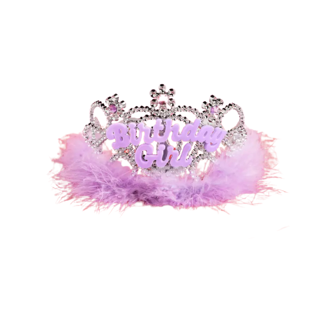 Pink and silver birthday girl tiara with fluffy trim for birthday party from Parte Haus party supply store in Bethesda MD