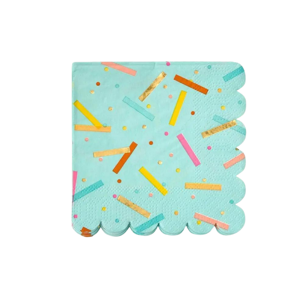 Blue birthday cocktail napkin with colorful confetti design from Parte Haus party supply store in Bethesda MD