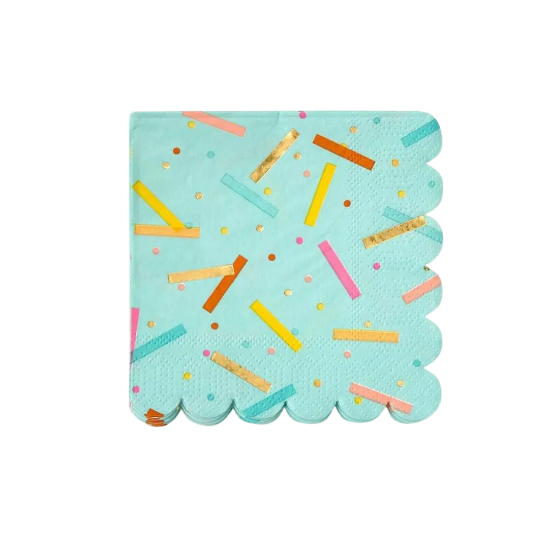 Blue birthday cocktail napkin with colorful confetti design from Parte Haus party supply store in Bethesda MD
