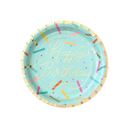 Aqua birthday plate with colorful sprinkles and gold Happy Birthday from Parte Haus party supply store in Bethesda MD