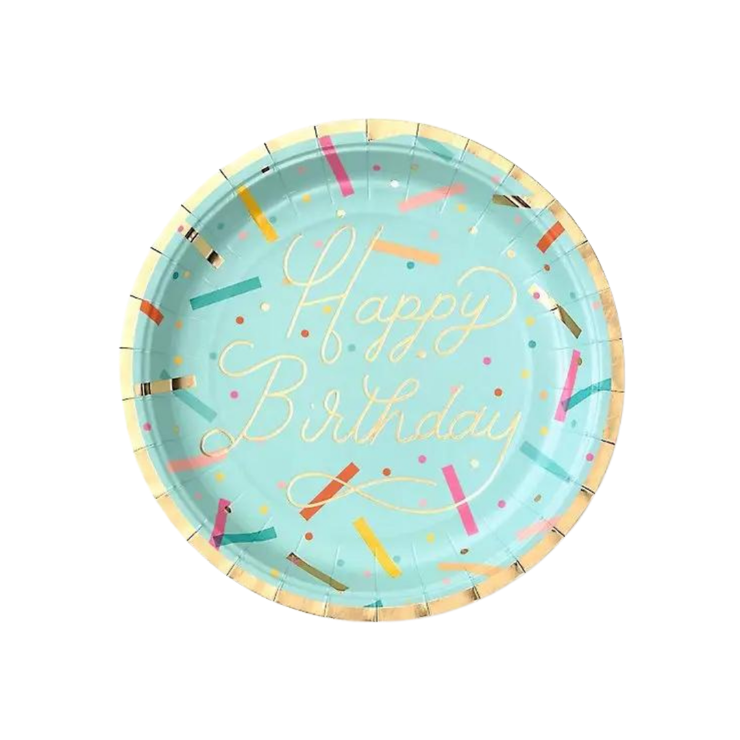 Aqua birthday plate with colorful sprinkles and gold Happy Birthday from Parte Haus party supply store in Bethesda MD