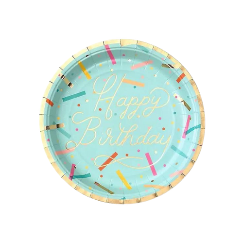 Aqua birthday plate with colorful sprinkles and gold Happy Birthday from Parte Haus party supply store in Bethesda MD