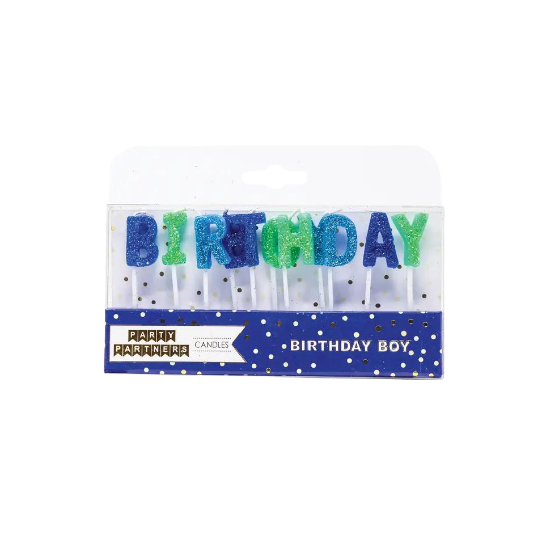 Blue and green birthday boy candle set with glitter letters for boys birthday from Parte Haus party supply store in Bethesda MD