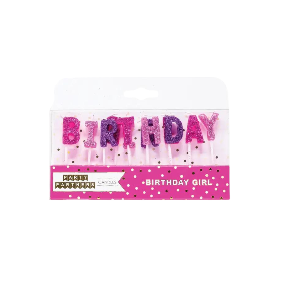 Pink and purple birthday girl candle set glitter letters for birthday from Parte Haus party supply store in Bethesda Maryland