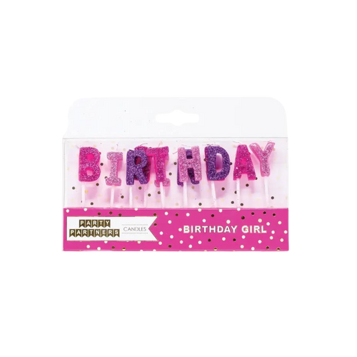 Pink and purple birthday girl candle set glitter letters for birthday from Parte Haus party supply store in Bethesda Maryland