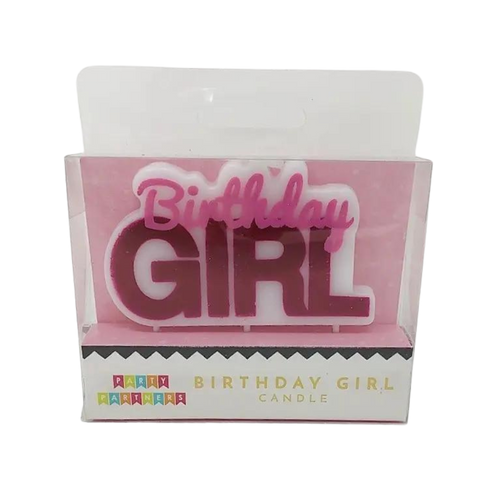 Pink Birthday Girl candle with bold letters for birthday from Parte Haus party supply store in Bethesda Maryland