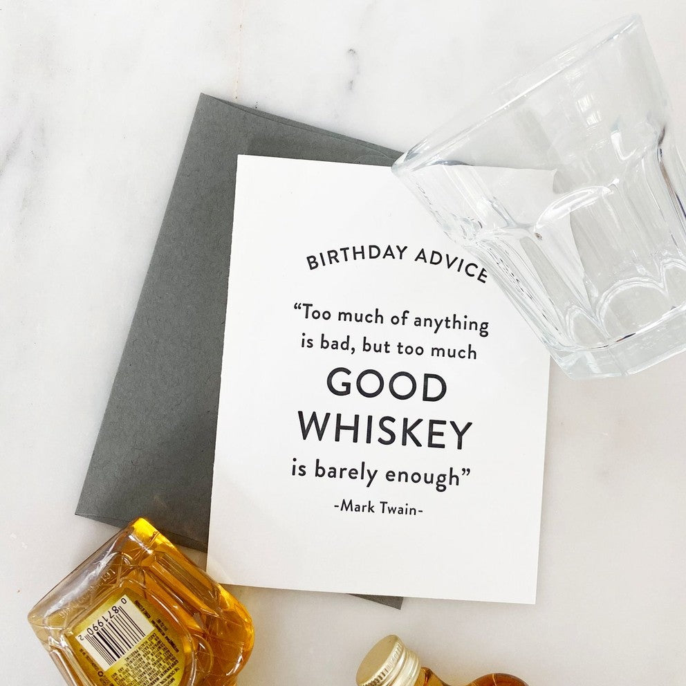 white birthday letterpress greeting card with whiskey quote glass and mini whiskey bottles birthday theme from Parte Haus party supply store in Bethesda Maryland