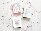 white birthday greeting cards with fun hand lettering and confetti birthday theme from Parte Haus party supply store in Bethesda MD