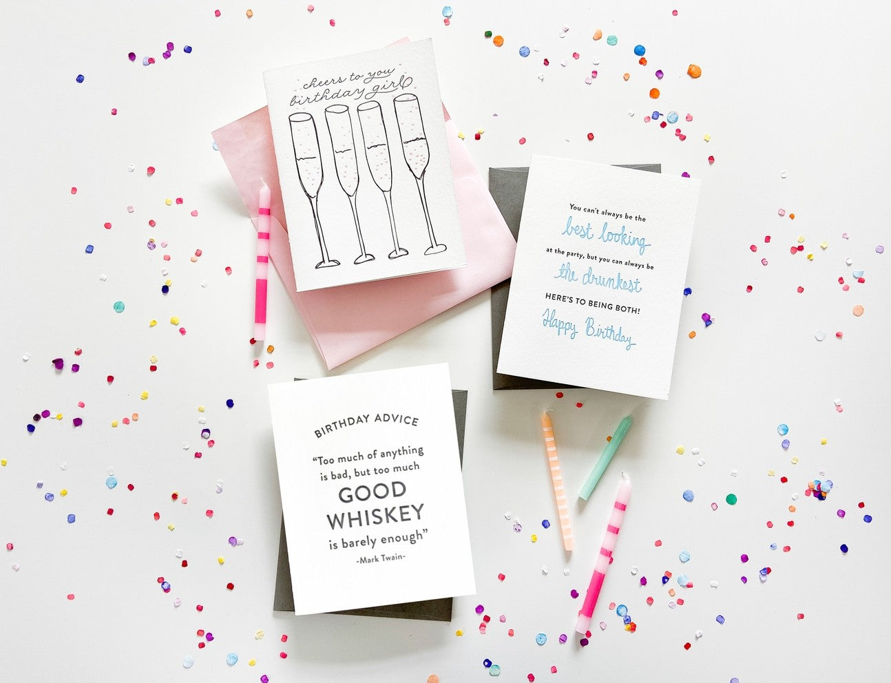 white birthday greeting cards with fun hand lettering and confetti birthday theme from Parte Haus party supply store in Bethesda MD