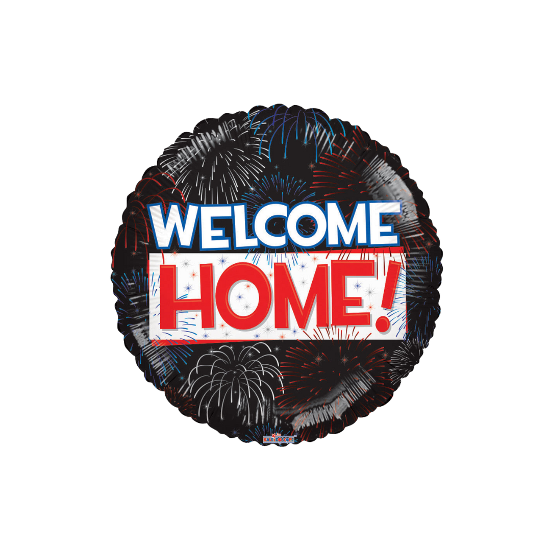 Black fireworks balloon with Welcome Home message for celebration from Parte Haus party supply store in Bethesda MD