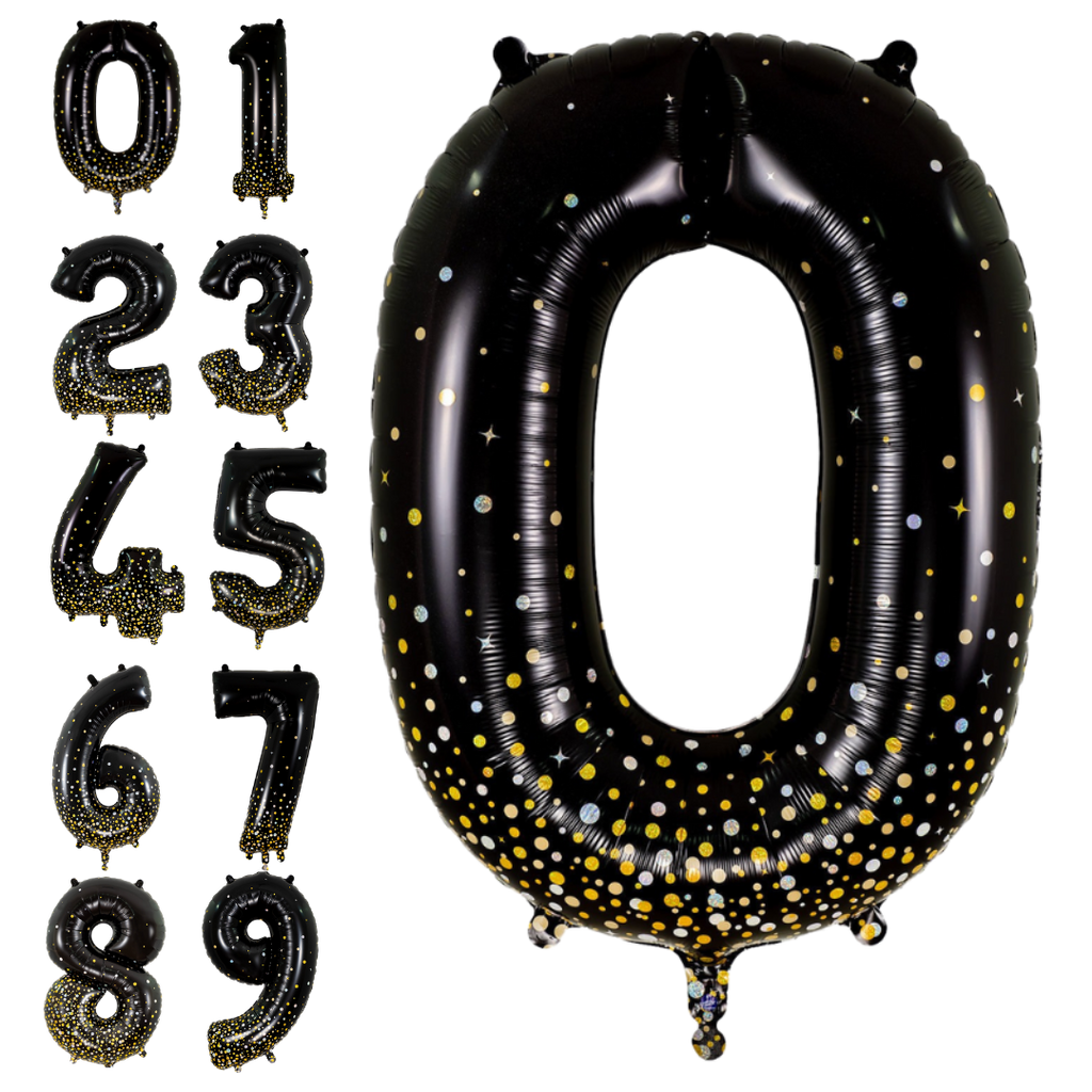 Black gold number foil balloon set with glitter dots birthday decor from Parte Haus party supply store in Bethesda MD