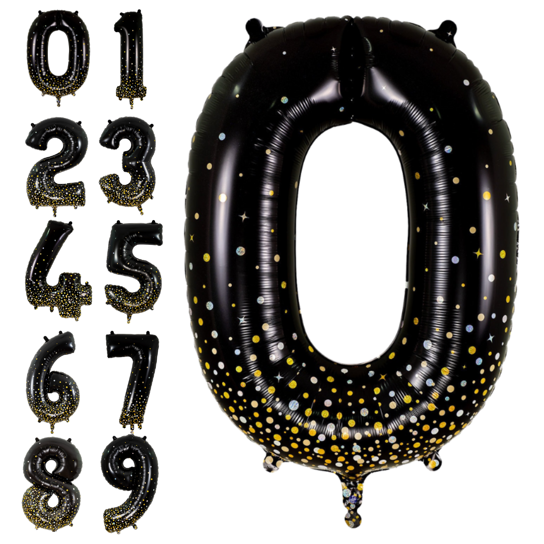 Black gold number foil balloon set with glitter dots birthday decor from Parte Haus party supply store in Bethesda MD