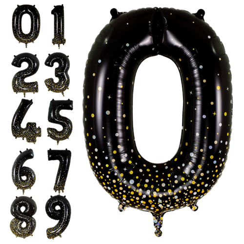 Black gold number foil balloon set with glitter dots birthday decor from Parte Haus party supply store in Bethesda MD