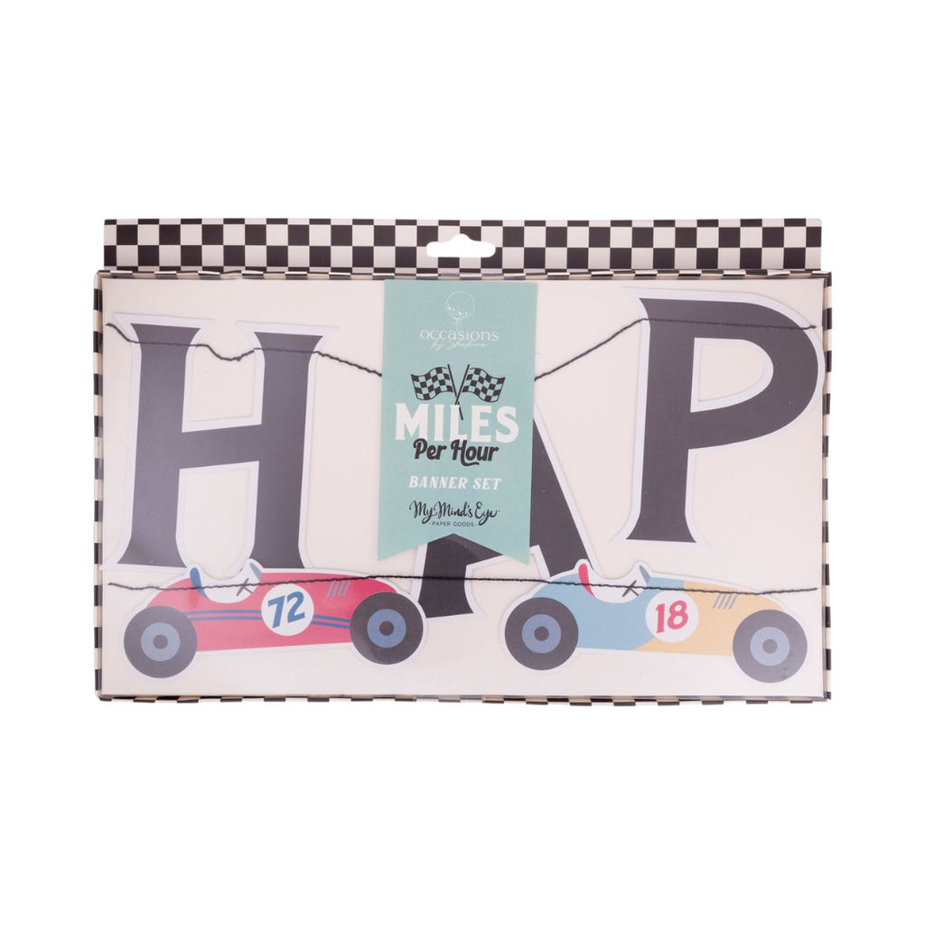 Black happy birthday banner set with race cars for birthday theme from Parte Haus party supply store in Bethesda Maryland