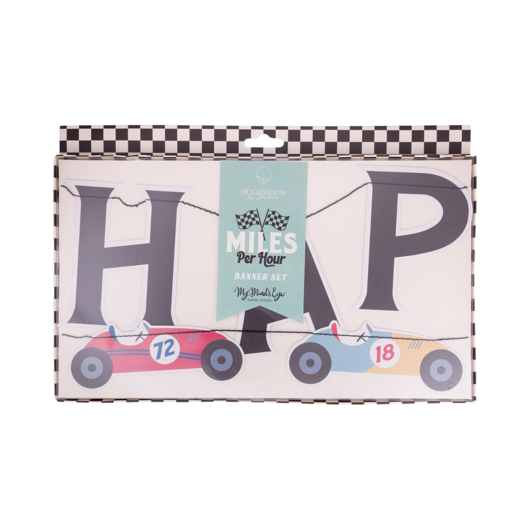 Black happy birthday banner set with race cars for birthday theme from Parte Haus party supply store in Bethesda Maryland
