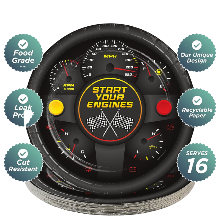 Black racing theme large dinner plate with speedometer design for race car birthday from Parte Haus party supply store in Bethesda Maryland