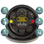Black racing theme large dinner plate with speedometer design for race car birthday from Parte Haus party supply store in Bethesda Maryland