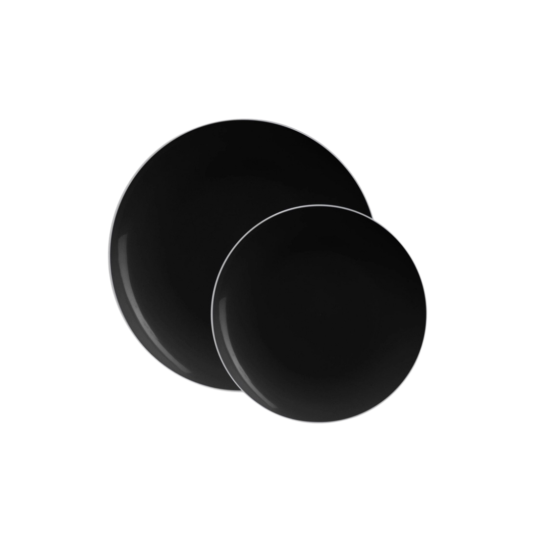 Black silver round plastic plates with shiny finish for modern events from Parte Haus party supply store in Bethesda MD