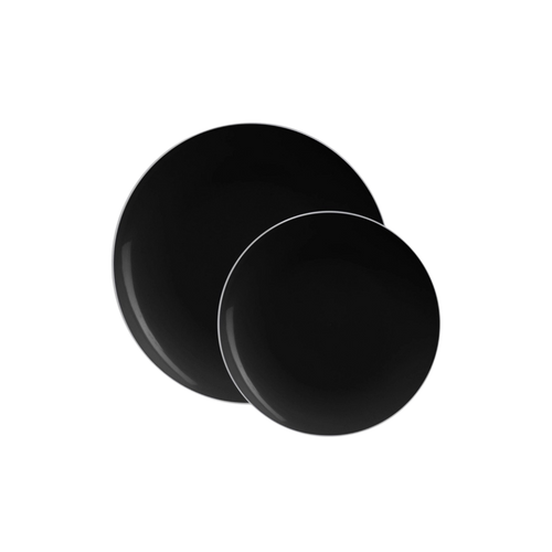 Black silver round plastic plates with shiny finish for modern events from Parte Haus party supply store in Bethesda MD