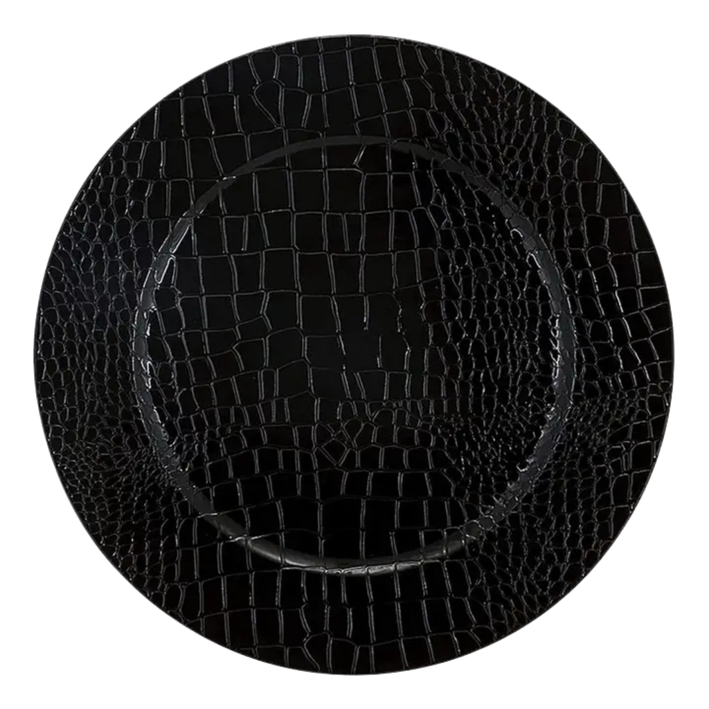 Black snakeskin look round plastic charger plate elegant table setting from Parte Haus party supply store in Bethesda MD
