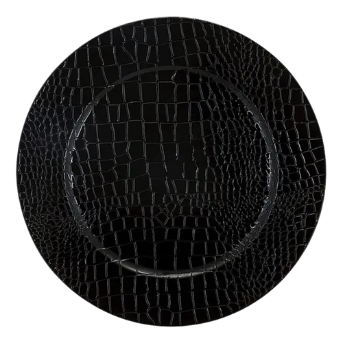 Black snakeskin look round plastic charger plate elegant table setting from Parte Haus party supply store in Bethesda MD