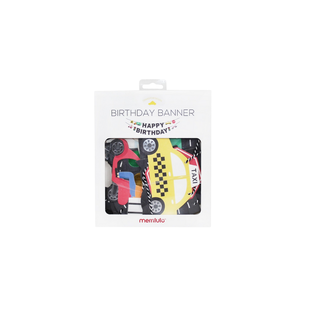 Black transportation birthday banner with colorful cars theme for birthday from Parte Haus party supply store in Bethesda MD