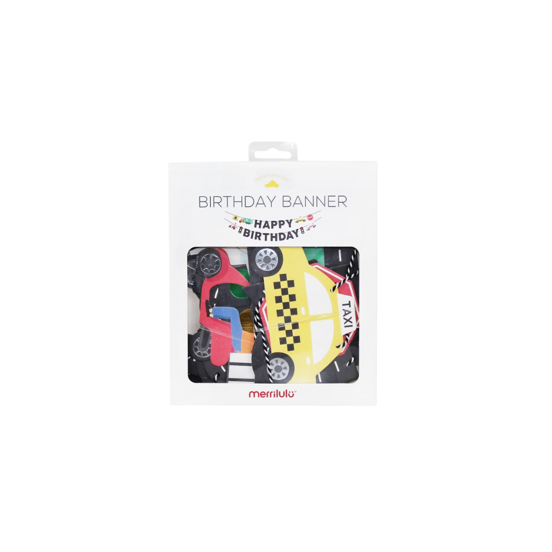 Black transportation birthday banner with colorful cars theme for birthday from Parte Haus party supply store in Bethesda MD