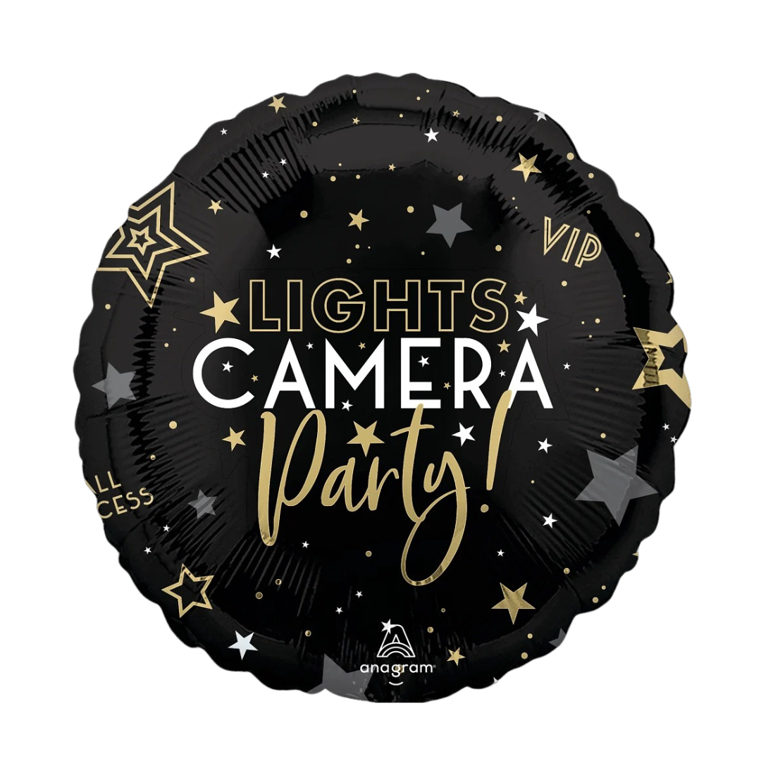 Black foil balloon with gold and white stars for awards night from Parte Haus party supply store in Bethesda Maryland