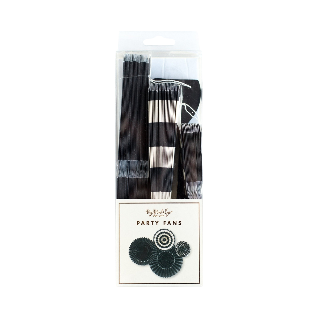 Black basics party fans with striped accents birthday backdrop decor from Parte Haus party supply store in Bethesda MD