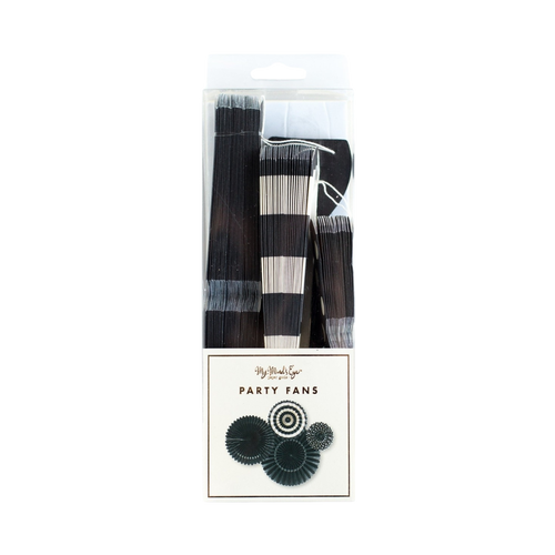 Black basics party fans with striped accents birthday backdrop decor from Parte Haus party supply store in Bethesda MD
