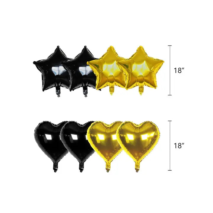 Black gold foil balloons in star and heart shapes birthday decoration from Parte Haus party supply store in Bethesda MD
