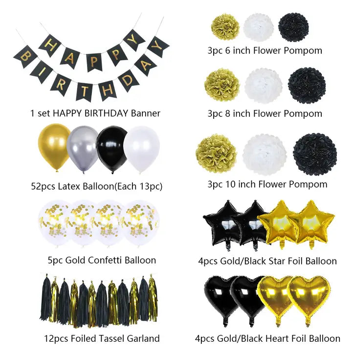Black gold birthday decoration kit with balloons pom poms banner and garland birthday theme from Parte Haus party supply store in Bethesda Maryland