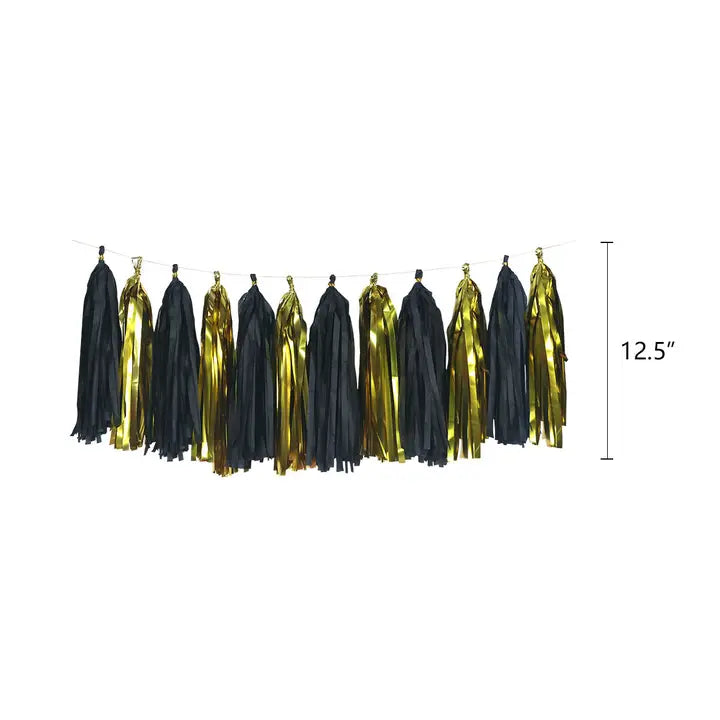 Black gold tassel garland with shiny fringe for birthday from Parte Haus party supply store in Bethesda Maryland