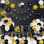 Black gold birthday decoration kit with balloons and banners modern birthday from Parte Haus party supply store in Bethesda MD