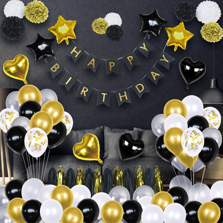 Black gold birthday decoration kit with balloons and banners modern birthday from Parte Haus party supply store in Bethesda MD