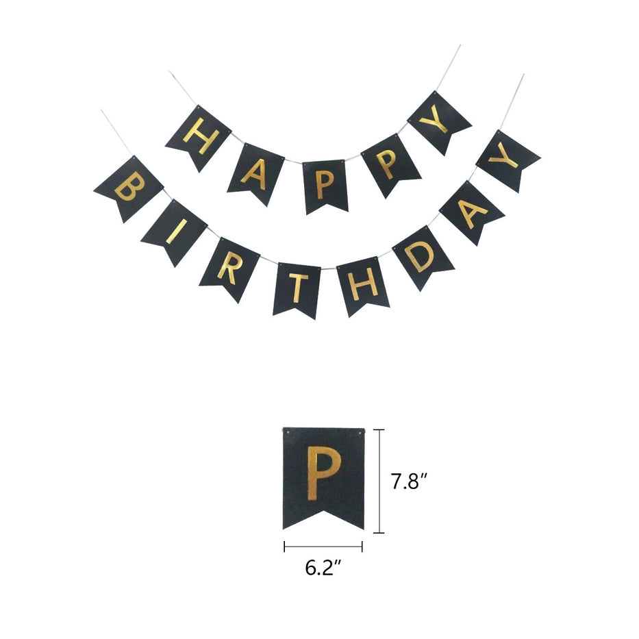 Black gold birthday banner with HAPPY BIRTHDAY text for birthday party from Parte Haus party supply store in Bethesda MD