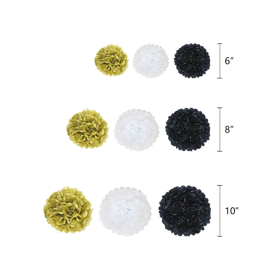 Black gold white tissue pom pom set for birthday celebration from Parte Haus party supply store in Bethesda MD