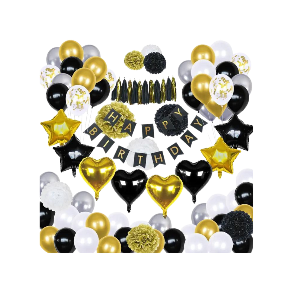 Black gold birthday decoration kit with balloons and happy birthday banner birthday theme from Parte Haus party supply store in Bethesda Maryland