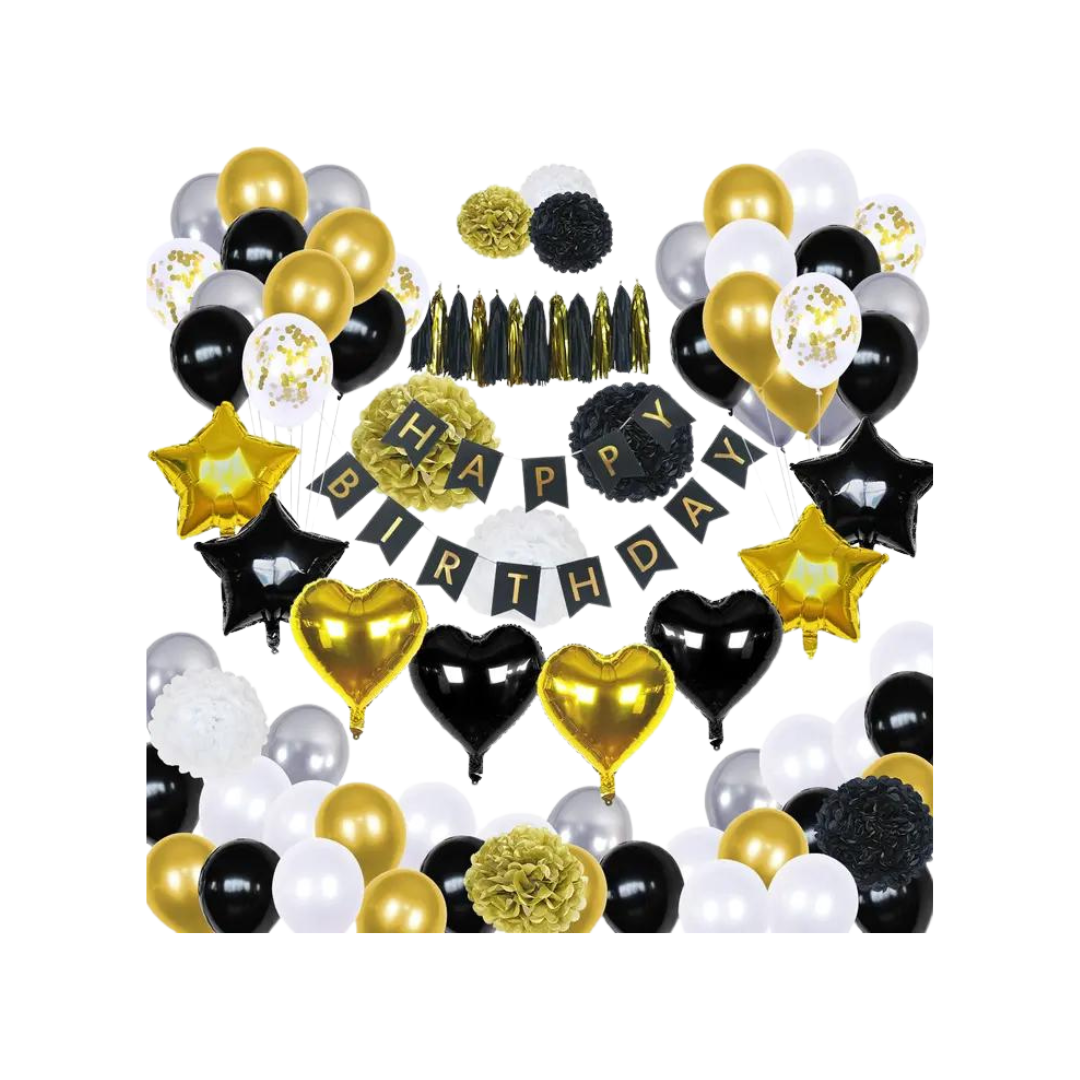 Black gold birthday decoration kit with balloons and happy birthday banner birthday theme from Parte Haus party supply store in Bethesda Maryland