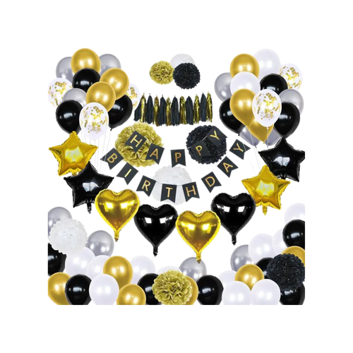 Black gold birthday decoration kit with balloons and happy birthday banner birthday theme from Parte Haus party supply store in Bethesda Maryland