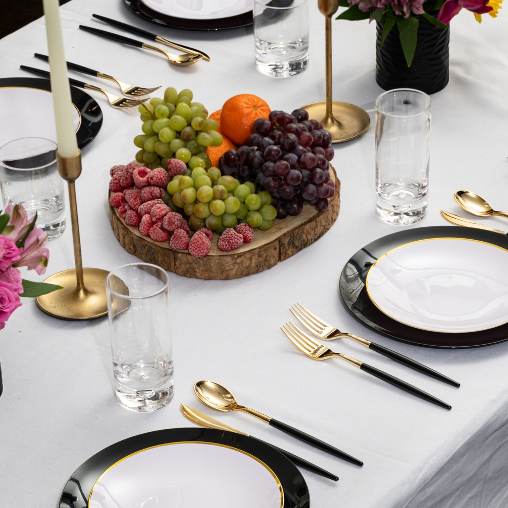 Black and gold chic round plastic forks set elegant dining from Parte Haus party supply store in Bethesda MD