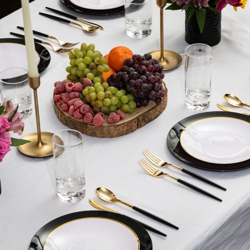 Black and gold chic round plastic forks set elegant dining from Parte Haus party supply store in Bethesda MD